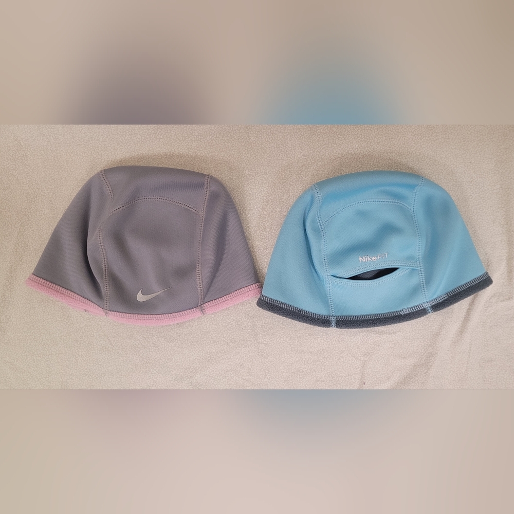 2 Nike Run Reversible Fleece Therma-Fit Running Line Beanie Hat- Girls One Size
